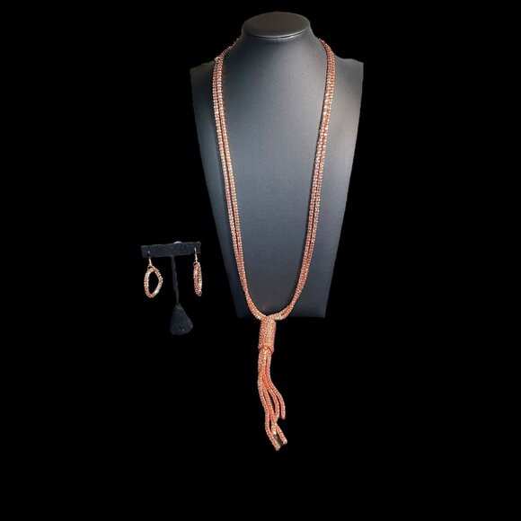 Rose Gold Tone Mesh Lariat Necklace/Hoop Earrings Set Boho Statement Elegant - Picture 7 of 11
